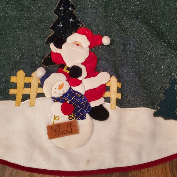 Santa Snowman Christmas Tree Skirt Green Sparkly Prima Creations 43" Primitive - Picture 4 of 8